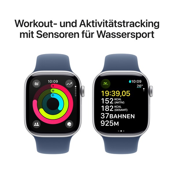 Sie sehen das Produktbild 04 von Apple Watch Series 10 GPS + Cellular, 42 mm Aluminiumgehäuse Silber, Sportarmband Denim −M/L Apple Watch Series 10 GPS + Cellular, 42 mm Aluminiumgehäuse Silber, Sportarmband Denim −M/L