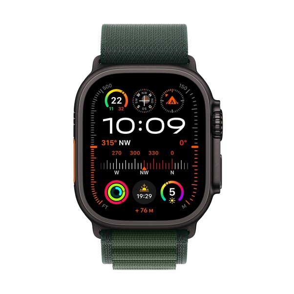 Apple Watch Ultra 2 GPS + Cellular, 49 mm Titangehäuse Schwarz, Alpine Loop Dunkelgrün − Small