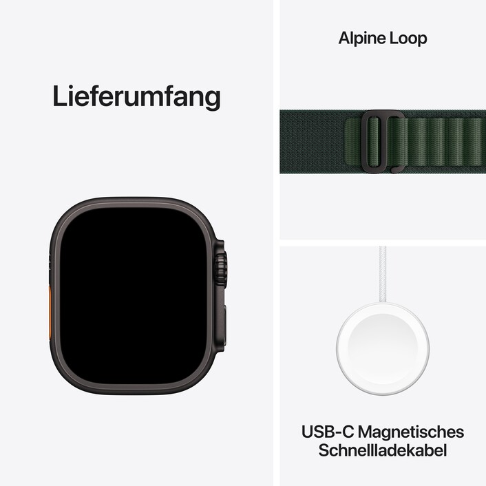 Apple Watch Ultra 2 GPS + Cellular, 49 mm Titangehäuse Schwarz, Alpine Loop Dunkelgrün − Medium