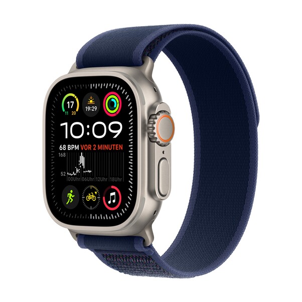 Apple Watch Ultra 2 GPS + Cellular, 49 mm Titangehäuse Natur, Trail Loop Blau – M/L