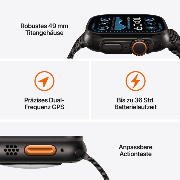 Apple Watch Ultra 2 GPS + Cellular, 49 mm Titangehäuse Natur, Trail Loop Blau – M/L