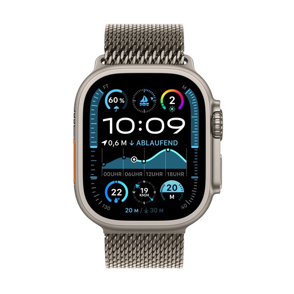Apple Watch Ultra 2 GPS + Cellular, 49 mm Titangehäuse Natur, Milanaise Armband Titan Natur – M