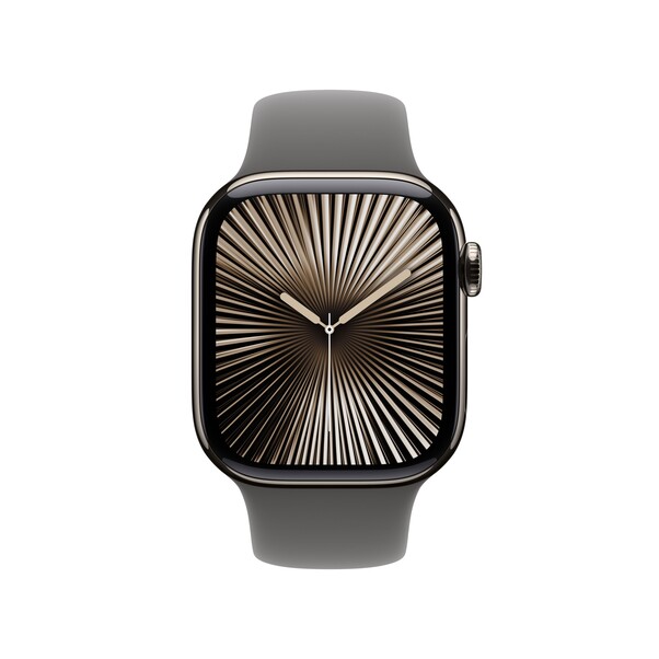 Sie sehen das Produktbild 02 von Apple Watch Series 10 GPS + Cellular, 42 mm Titangehäuse Natur, Sportarmband Steingrau − M/L Apple Watch Series 10 GPS + Cellular, 42 mm Titangehäuse Natur, Sportarmband Steingrau − M/L