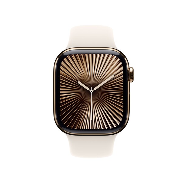 Sie sehen das Produktbild 02 von Apple Watch Series 10 GPS + Cellular, 42 mm Titangehäuse Gold, Sportarmband Polarstern − M/L Apple Watch Series 10 GPS + Cellular, 42 mm Titangehäuse Gold, Sportarmband Polarstern − M/L