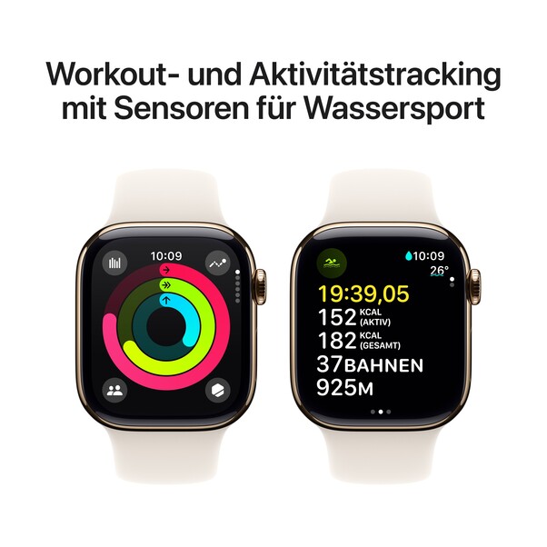 Sie sehen das Produktbild 04 von Apple Watch Series 10 GPS + Cellular, 42 mm Titangehäuse Gold, Sportarmband Polarstern − M/L Apple Watch Series 10 GPS + Cellular, 42 mm Titangehäuse Gold, Sportarmband Polarstern − M/L