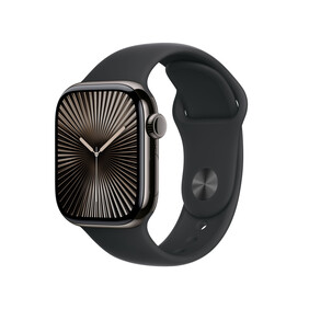 Apple Watch Series 10 GPS + Cellular, 42 mm Titangehäuse Schiefer, Sportarmband Schwarz ­− S/M
