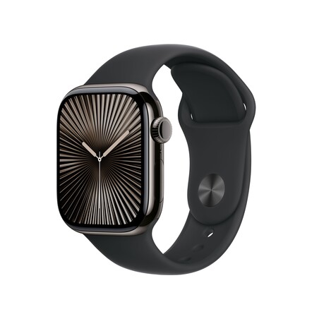 Sie sehen das Produktbild 01 von Apple Watch Series 10 GPS + Cellular, 42 mm Titangehäuse Schiefer, Sportarmband Schwarz − M/L Apple Watch Series 10 GPS + Cellular, 42 mm Titangehäuse Schiefer, Sportarmband Schwarz − M/L