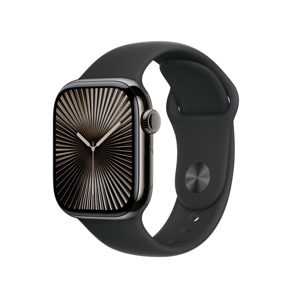 Sie sehen das Produktbild 01 von Apple Watch Series 10 GPS + Cellular, 42 mm Titangehäuse Schiefer, Sportarmband Schwarz − M/L Apple Watch Series 10 GPS + Cellular, 42 mm Titangehäuse Schiefer, Sportarmband Schwarz − M/L