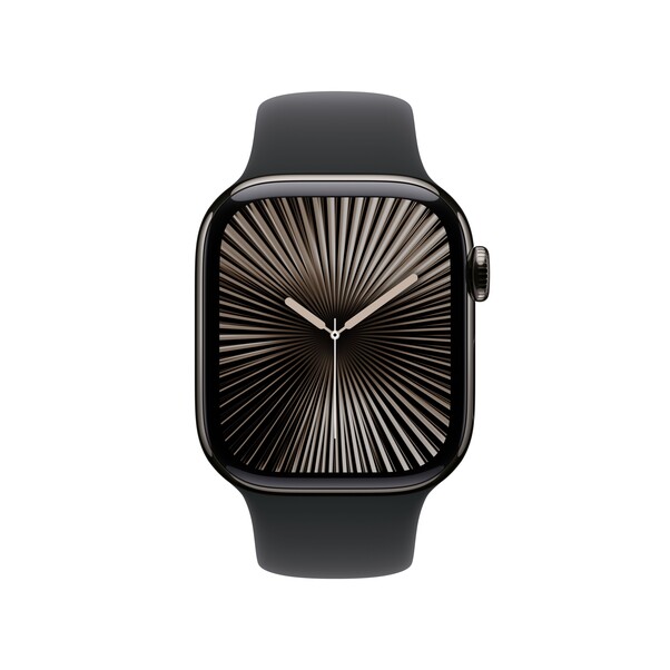 Sie sehen das Produktbild 02 von Apple Watch Series 10 GPS + Cellular, 42 mm Titangehäuse Schiefer, Sportarmband Schwarz − M/L Apple Watch Series 10 GPS + Cellular, 42 mm Titangehäuse Schiefer, Sportarmband Schwarz − M/L