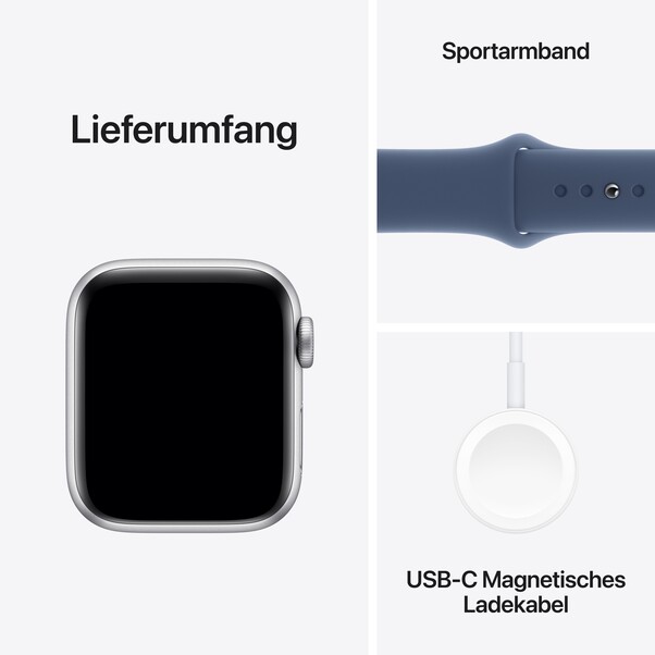 Apple Watch SE GPS, 40 mm Aluminiumgehäuse Silber, Sportarmband Denim ­− M/L