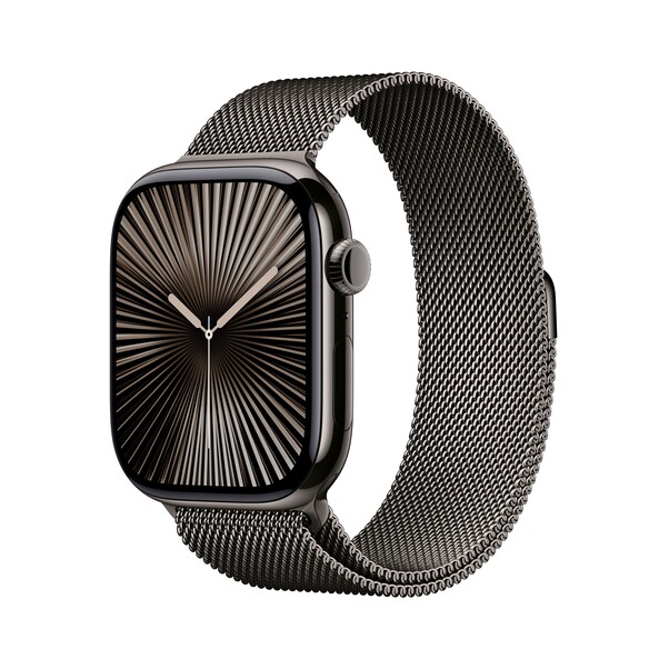 Sie sehen das Produktbild 01 von Apple Watch Series 10 GPS + Cellular, 46 mm Titangehäuse Schiefer, Milanaise Armband Schiefer – S/M Apple Watch Series 10 GPS + Cellular, 46 mm Titangehäuse Schiefer, Milanaise Armband Schiefer – S/M
