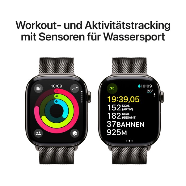 Sie sehen das Produktbild 04 von Apple Watch Series 10 GPS + Cellular, 46 mm Titangehäuse Schiefer, Milanaise Armband Schiefer – S/M Apple Watch Series 10 GPS + Cellular, 46 mm Titangehäuse Schiefer, Milanaise Armband Schiefer – S/M