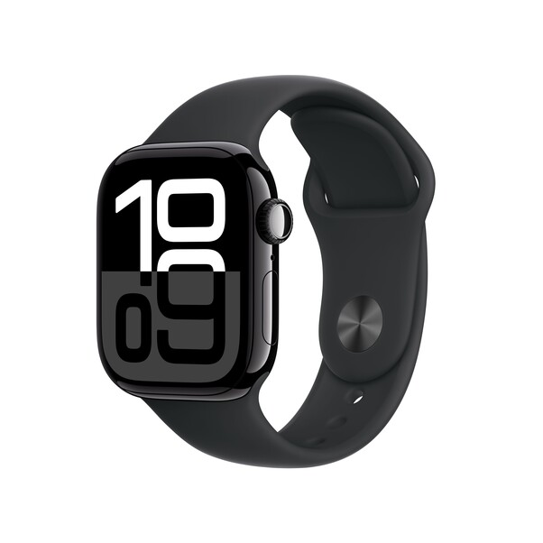 Sie sehen das Produktbild 01 von Apple Watch Series 10 GPS + Cellular, 42 mm Aluminiumgehäuse Diamantschwarz, Sportarmband Schwarz −M/L Apple Watch Series 10 GPS + Cellular, 42 mm Aluminiumgehäuse Diamantschwarz, Sportarmband Schwarz −M/L