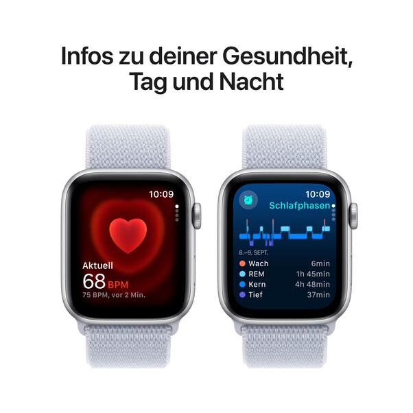 Apple Watch SE GPS, 44 mm Aluminiumgehäuse Silber, Sport Loop Blaue Wolke