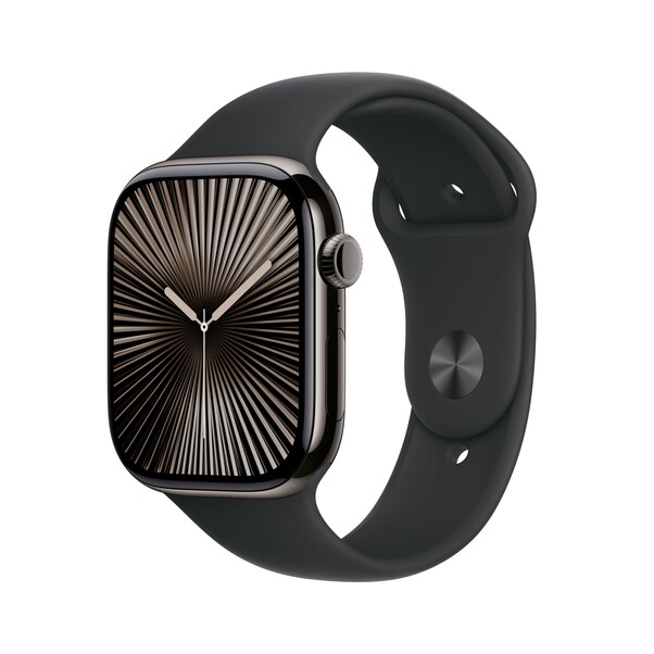 Sie sehen das Produktbild 01 von Apple Watch Series 10 GPS + Cellular, 46 mm Titangehäuse Schiefer, Sportarmband Schwarz −M/L Apple Watch Series 10 GPS + Cellular, 46 mm Titangehäuse Schiefer, Sportarmband Schwarz −M/L