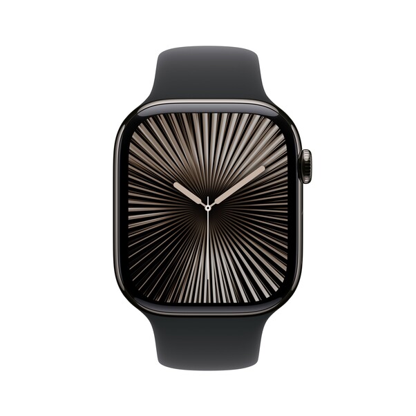 Sie sehen das Produktbild 02 von Apple Watch Series 10 GPS + Cellular, 46 mm Titangehäuse Schiefer, Sportarmband Schwarz −M/L Apple Watch Series 10 GPS + Cellular, 46 mm Titangehäuse Schiefer, Sportarmband Schwarz −M/L