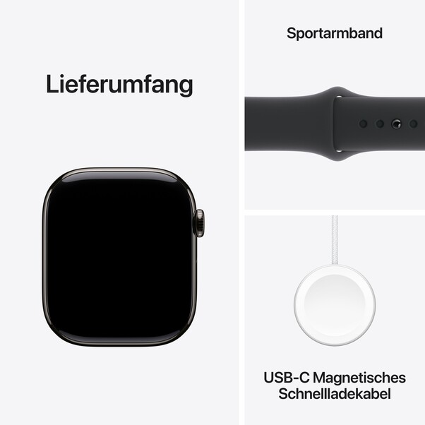Sie sehen das Produktbild 09 von Apple Watch Series 10 GPS + Cellular, 46 mm Titangehäuse Schiefer, Sportarmband Schwarz −M/L Apple Watch Series 10 GPS + Cellular, 46 mm Titangehäuse Schiefer, Sportarmband Schwarz −M/L