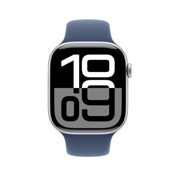 Sie sehen das Produktbild 02 von Apple Watch Series 10 GPS, 46 mm Aluminiumgehäuse Silber, Sportarmband Denim − S/M Apple Watch Series 10 GPS, 46 mm Aluminiumgehäuse Silber, Sportarmband Denim − S/M
