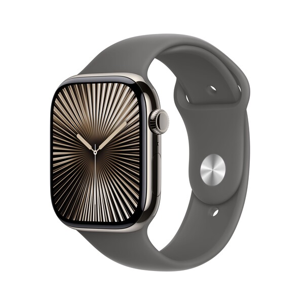 Sie sehen das Produktbild 01 von Apple Watch Series 10 GPS + Cellular, 46 mm Titangehäuse Natur, Sportarmband Steingrau − M/L Apple Watch Series 10 GPS + Cellular, 46 mm Titangehäuse Natur, Sportarmband Steingrau − M/L
