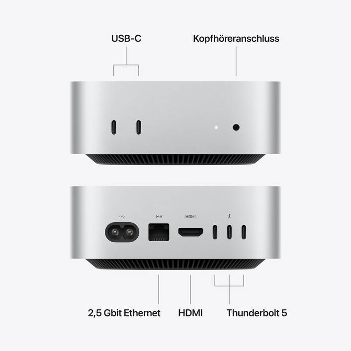 Sie sehen das Produktbild 04 von Mac mini: Apple M5 Pro Chip mit 15‑Core CPU und 16‑Core GPU, 512 GB SSD - Silber Mac mini: Apple M5 Pro Chip mit 15‑Core CPU und 16‑Core GPU, 512 GB SSD - Silber