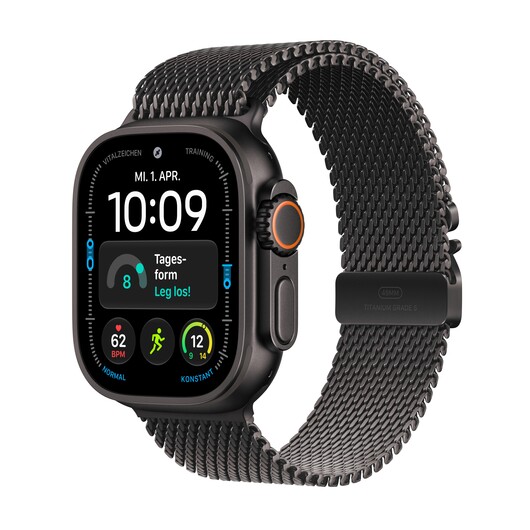 Apple Watch Ultra 4 GPS + Cellular, 49 mm Titangehäuse Schwarz, Milanaise Armband Titan Schwarz – M