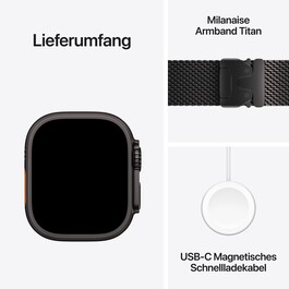 Apple Watch Ultra 4 GPS + Cellular, 49 mm Titangehäuse Schwarz, Milanaise Armband Titan Schwarz – L