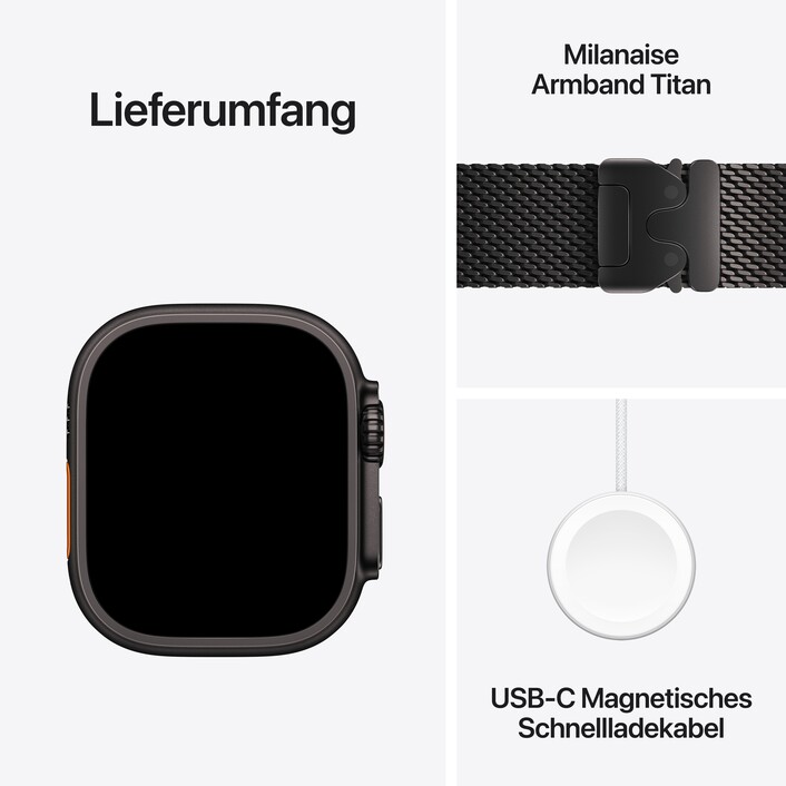 Apple Watch Ultra 4 GPS + Cellular, 49 mm Titangehäuse Schwarz, Milanaise Armband Titan Schwarz – L