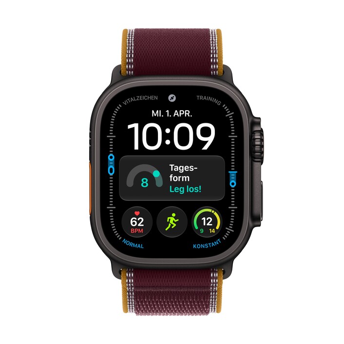 Apple Watch Ultra 4 GPS + Cellular, 49 mm Titangehäuse Schwarz, Trail Loop Burgunder – M/L