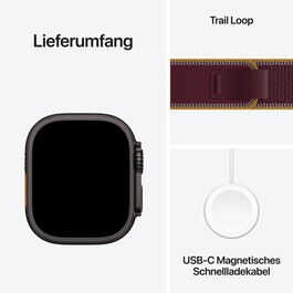 Apple Watch Ultra 4 GPS + Cellular, 49 mm Titangehäuse Schwarz, Trail Loop Burgunder – S/M