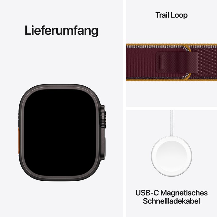 Apple Watch Ultra 4 GPS + Cellular, 49 mm Titangehäuse Schwarz, Trail Loop Burgunder – S/M