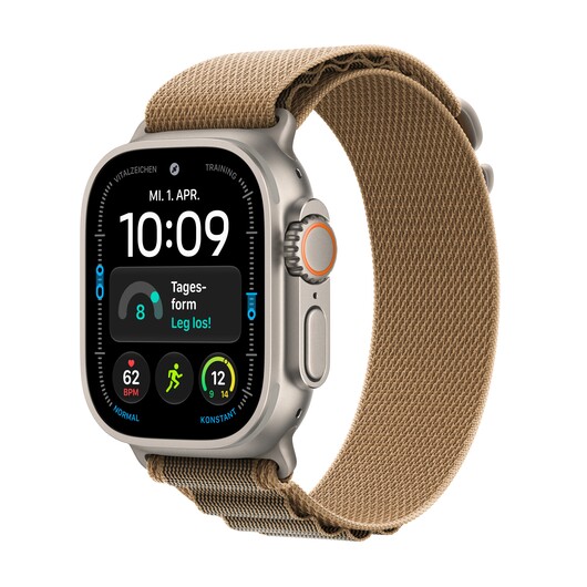 Apple Watch Ultra 4 GPS + Cellular, 49 mm Titangehäuse Natur, Alpine Loop Wüstensand – S