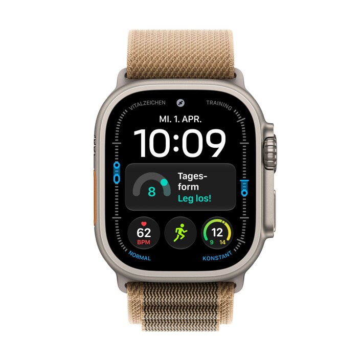 Apple Watch Ultra 4 GPS + Cellular, 49 mm Titangehäuse Natur, Alpine Loop Wüstensand – S