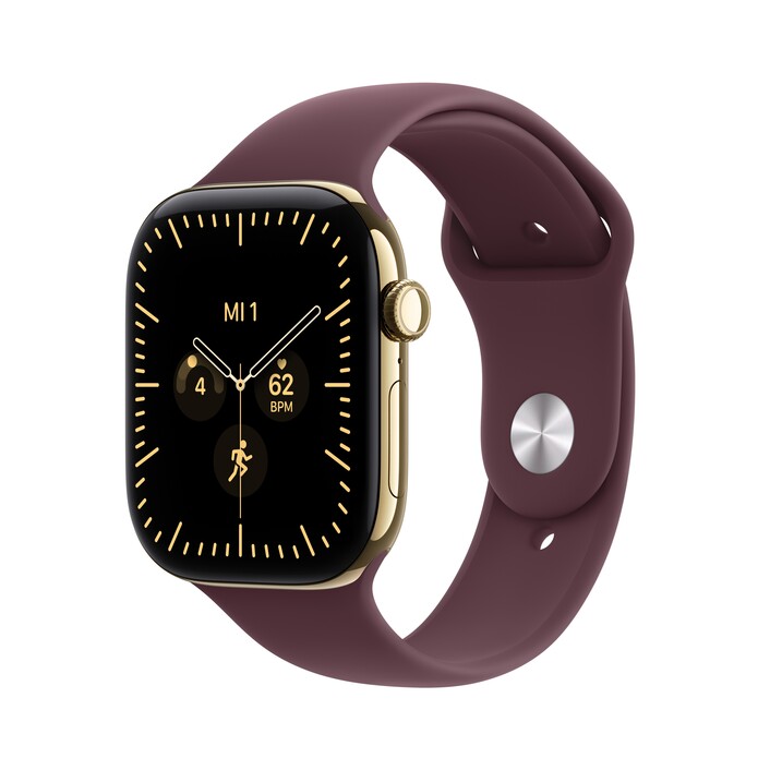 Apple Watch Series 12 GPS + Cellular, 46 mm Titangehäuse Brillantgold, Sportarmband Burgunder − S/M