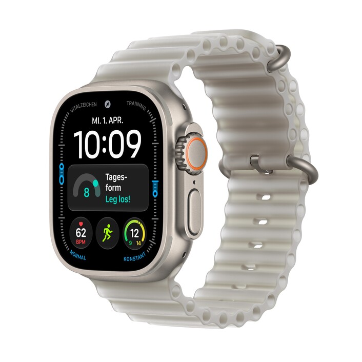 Apple Watch Ultra 4 GPS + Cellular, 49 mm Titangehäuse Natur, Ocean Armband Halbtransparentes Grau