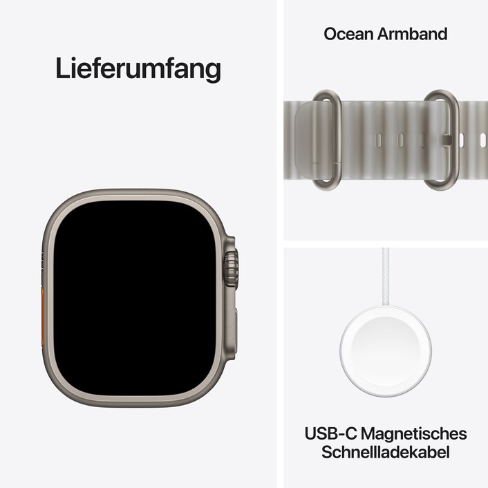 Apple Watch Ultra 4 GPS + Cellular, 49 mm Titangehäuse Natur, Ocean Armband Halbtransparentes Grau