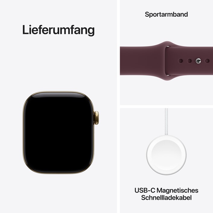 Apple Watch Series 12 GPS + Cellular, 42 mm Titangehäuse Brillantgold, Sportarmband Burgunder ­− M/L