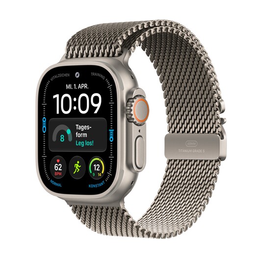 Apple Watch Ultra 4 GPS + Cellular, 49 mm Titangehäuse Natur, Milanaise Armband Titan Natur – S