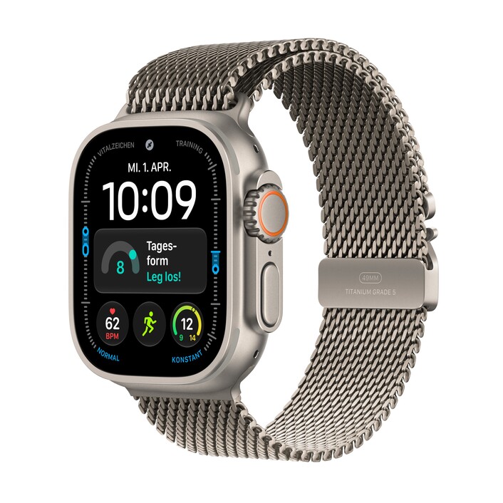 Apple Watch Ultra 4 GPS + Cellular, 49 mm Titangehäuse Natur, Milanaise Armband Titan Natur – S