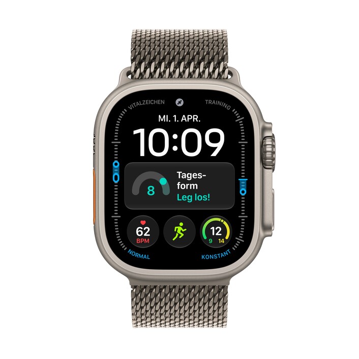 Apple Watch Ultra 4 GPS + Cellular, 49 mm Titangehäuse Natur, Milanaise Armband Titan Natur – S