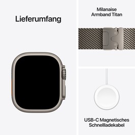 Apple Watch Ultra 4 GPS + Cellular, 49 mm Titangehäuse Natur, Milanaise Armband Titan Natur – S