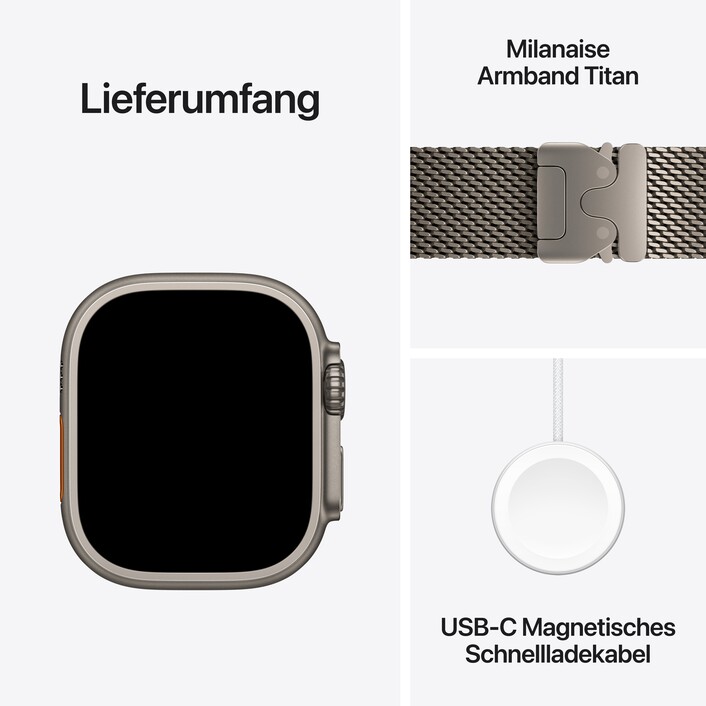 Apple Watch Ultra 4 GPS + Cellular, 49 mm Titangehäuse Natur, Milanaise Armband Titan Natur – S