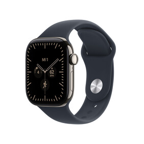 Apple Watch Series 12 GPS + Cellular, 42 mm Titangehäuse Natur, Sportarmband Navyblauu ­− S/M