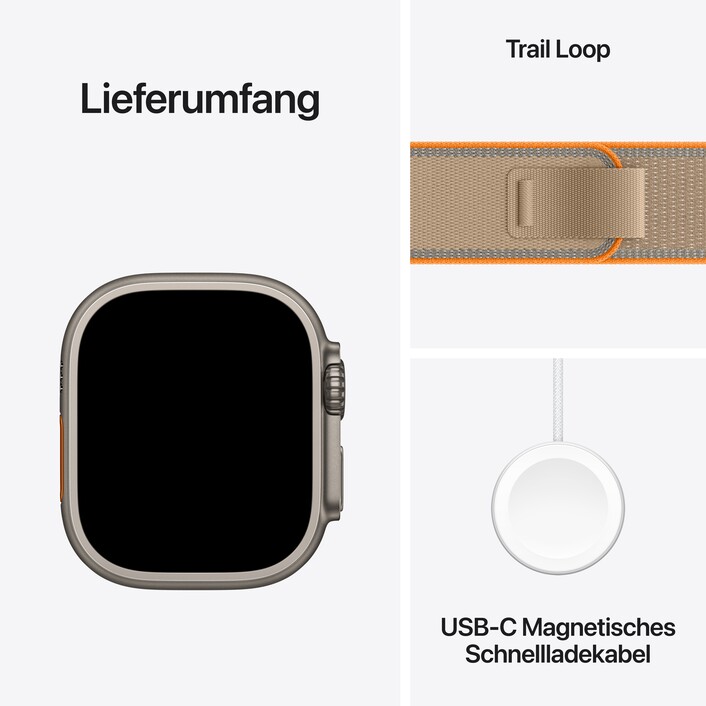 Apple Watch Ultra 4 GPS + Cellular, 49 mm Titangehäuse Natur, Trail Loop Sand – S/M