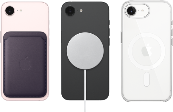 iPhone 17e, Rückseite, Farbe Hellrosa, Feingewebe Wallet mit MagSafe angebracht, iPhone 17e, Rückseite, Farbe Schwarz, MagSafe Ladegerät angebracht, iPhone 17e, Rückseite, Farbe Weiß, Clear Case mit MagSafe angebracht