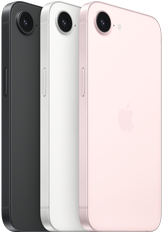 iPhone 17e, Seiten- und Rückansicht, Schwarz, Seiten- und Rückansicht, Weiß, Seiten- und Rückansicht, Hellrosa, Fusion Kamera oben, Seitentaste