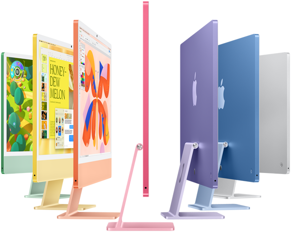 iMac Brillant. Ansicht von iMac Computern in den Farben Grün, Gelb, Orange, Pink, Violett, Blau und Silber