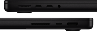 Die Anschlüsse des MacBook Pro werden gezeigt – linke Seite: MagSafe 3, zwei Thunderbolt Anschlüsse und Kopfhöreranschluss – rechte Seite: SDXC Kartensteckplatz, ein Thunderbolt Anschluss und HDMI