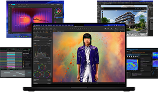Verschiedene bunte Inhalte auf dem Display aus Apps für Musikproduktion, Grafikdesign, 3D Animation und Fotobearbeitung auf dem Mac, die eine leistungsstarke Grafikperformance demonstrieren