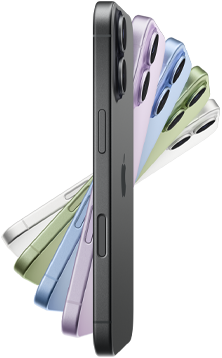 iPhone 17, Seitenansicht, fünf Farben: Schwarz, Lavendel, Nebelblau, Salbei und Weiß.