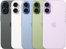 iPhone 17, Rückansicht, Dual Fusion Kamera-System, alle fünf Farben überlappend: Schwarz, Weiß, Salbei, Nebelblau und Lavendel
